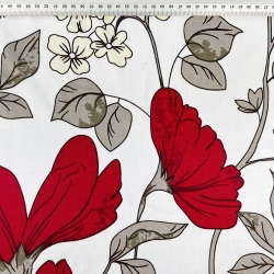 Baumwolle 100% große rote Blumen mit ecrufarbenen Blüten - 220cm  