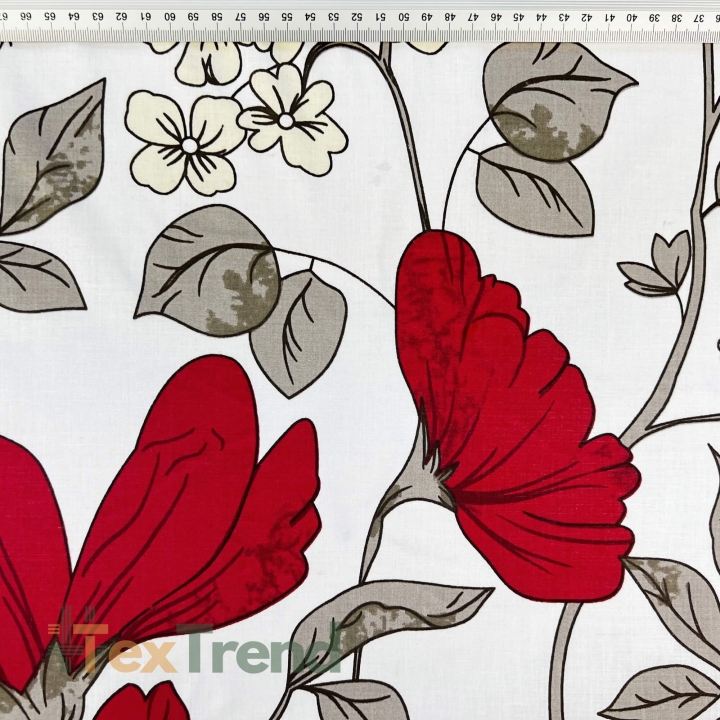 Baumwolle 100% große rote Blumen mit ecrufarbenen Blüten - 220cm  