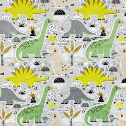 Baumwolle 100% große grüne Dinosaurier auf grauem Hintergrund  