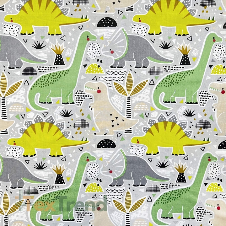Baumwolle 100% große grüne Dinosaurier auf grauem Hintergrund  