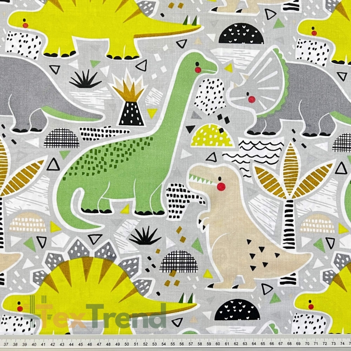 Baumwolle 100% große grüne Dinosaurier auf grauem Hintergrund  