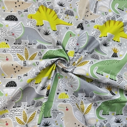 Baumwolle 100% große grüne Dinosaurier auf grauem Hintergrund  