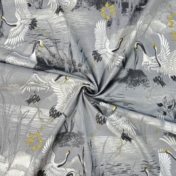 Baumwolle 100% Vögel Kraniche auf grauem Hintergrund