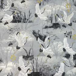 Baumwolle 100% Vögel Kraniche auf grauem Hintergrund