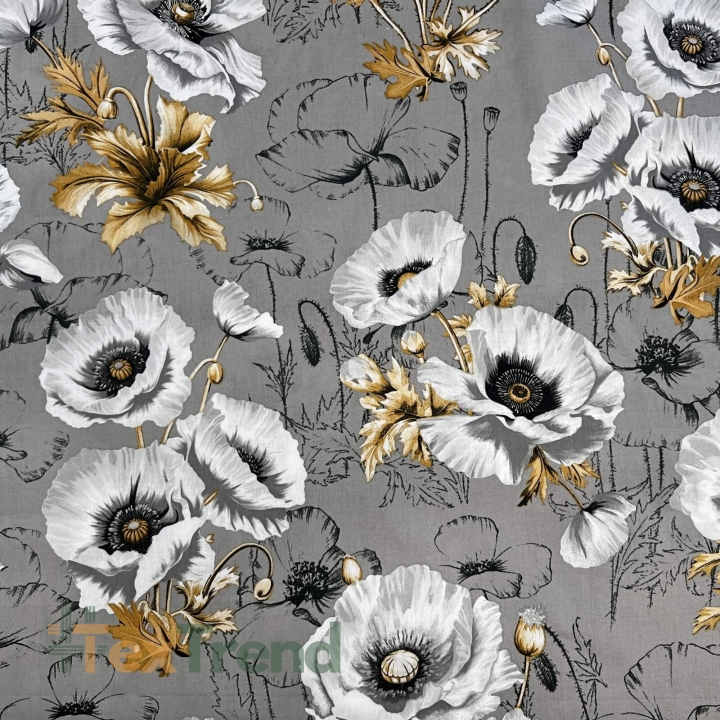 Baumwolle 100% große Mohnblumen auf grauem Hintergrund  