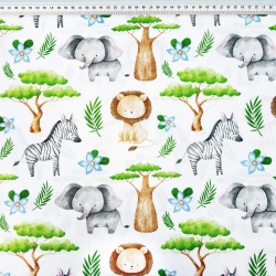 Baumwolle 100% afrikanische Tiere mit Baobab auf weißem Hintergrund  