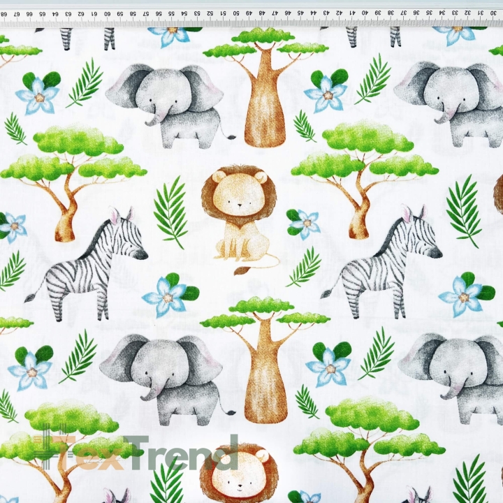 Baumwolle 100% afrikanische Tiere mit Baobab auf weißem Hintergrund  