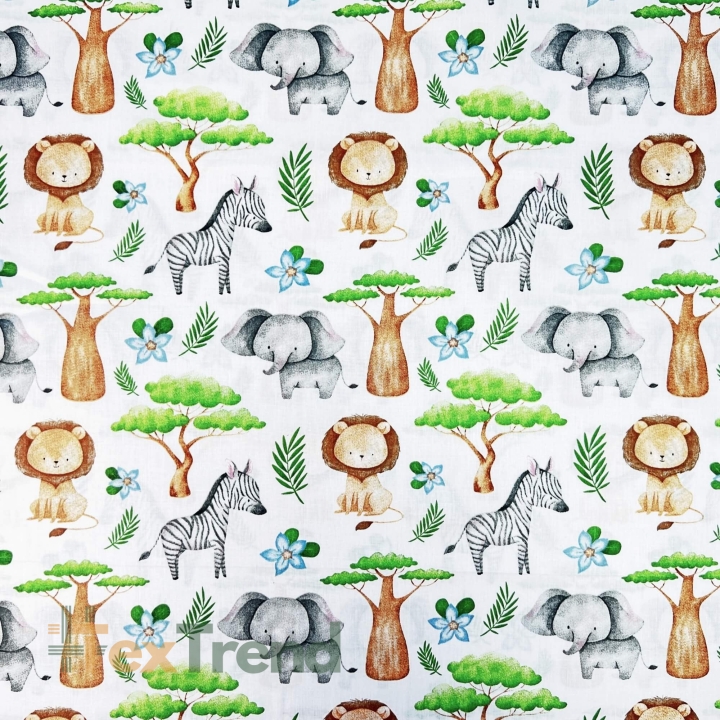 Baumwolle 100% afrikanische Tiere mit Baobab auf weißem Hintergrund  