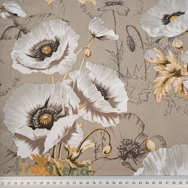 Baumwolle 100% große Mohnblumen auf beigem Hintergrund  