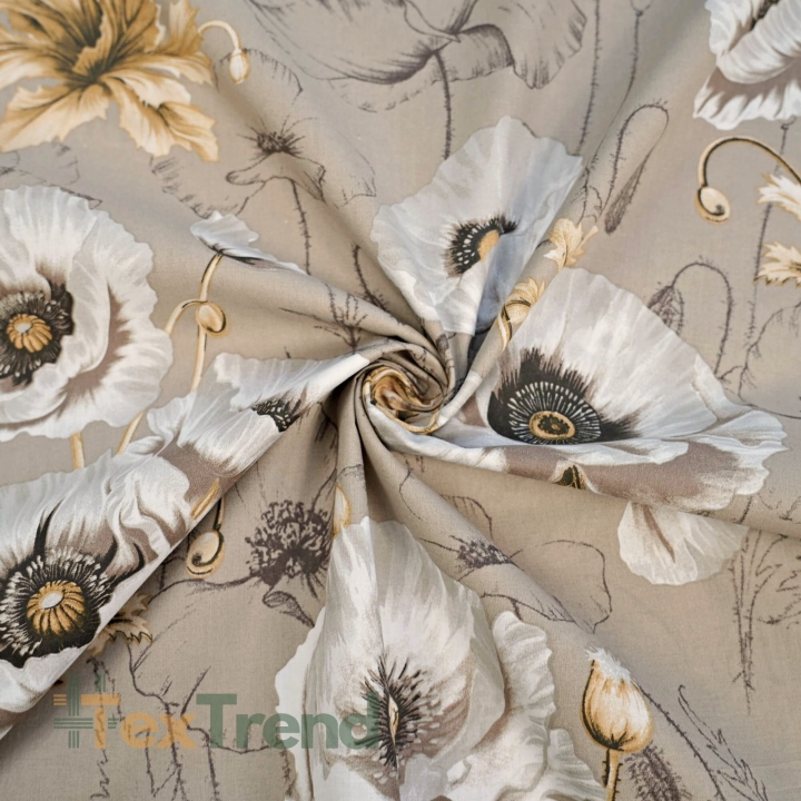 Baumwolle 100% große Mohnblumen auf beigem Hintergrund  