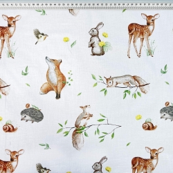 Baumwolle 100% Rehkitze, Füchse und Eichhörnchen auf weißem Hintergrund  