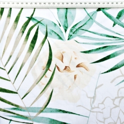 Baumwolle 100% grüne Blätter mit ecru Blumen auf weißem Hintergrund - 220cm  