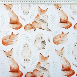 Baumwolle 100% Eulen mit Füchsen auf weißem Hintergrund  