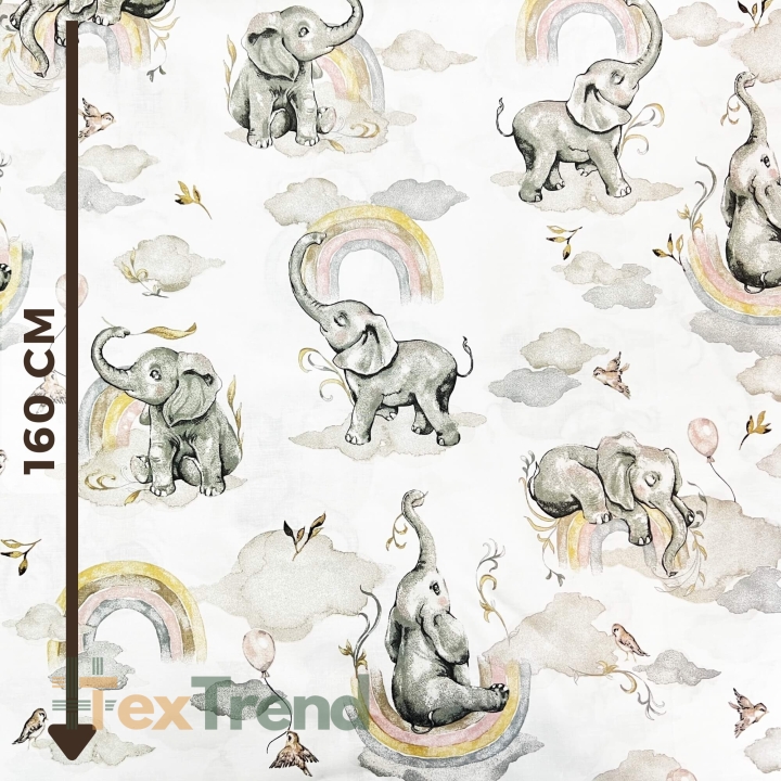 Baumwolle 100% Elefanten grau-beige mit Regenbogen auf weißem Hintergrund