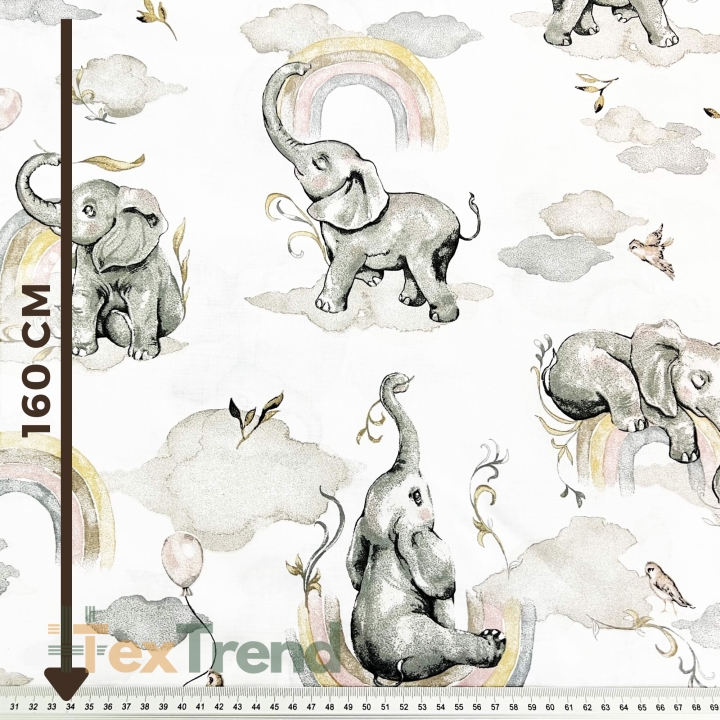 Baumwolle 100% Elefanten grau-beige mit Regenbogen auf weißem Hintergrund