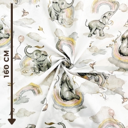 Baumwolle 100% Elefanten grau-beige mit Regenbogen auf weißem Hintergrund  