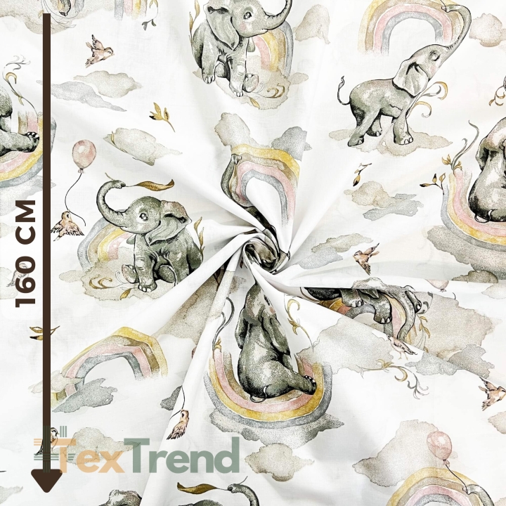 Baumwolle 100% Elefanten grau-beige mit Regenbogen auf weißem Hintergrund