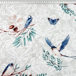 Baumwolle 100% blaue Schwalben auf grauem Hintergrund  