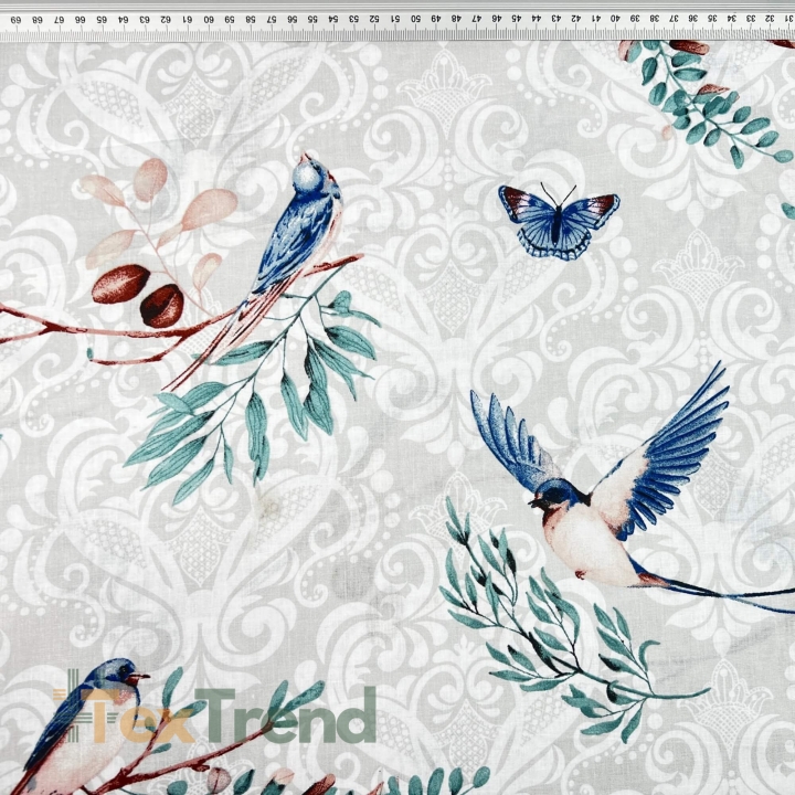 Baumwolle 100% blaue Schwalben auf grauem Hintergrund  