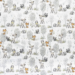 100% Baumwolle Reh und Mini-Tiere mit Bäumen auf weißem Hintergrund  