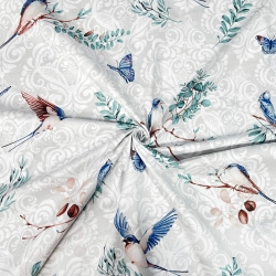 Baumwolle 100% blaue Schwalben auf grauem Hintergrund  