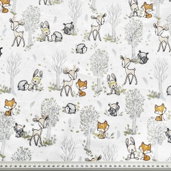 100% Baumwolle Reh und Mini-Tiere mit Bäumen auf weißem Hintergrund  