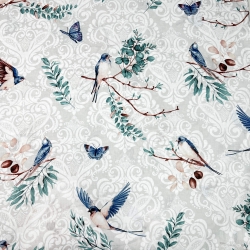 Baumwolle 100% blaue Schwalben auf grauem Hintergrund  