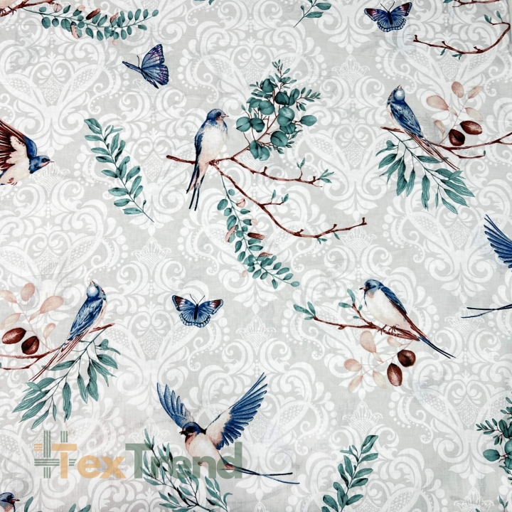 Baumwolle 100% blaue Schwalben auf grauem Hintergrund  