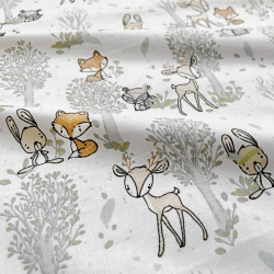 100% Baumwolle Reh und Mini-Tiere mit Bäumen auf weißem Hintergrund  