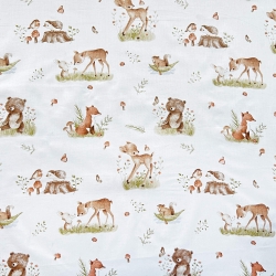 100% Baumwolle Reh und Tiere auf der Wiese auf weißem Hintergrund  