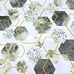 Baumwolle 100% geometrische Rauten beige-gold auf weißem Hintergrund  