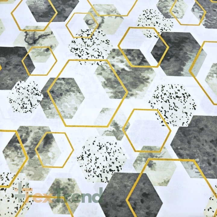 Baumwolle 100% geometrische Rauten beige-gold auf weißem Hintergrund  