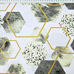 Baumwolle 100% geometrische Rauten beige-gold auf weißem Hintergrund  