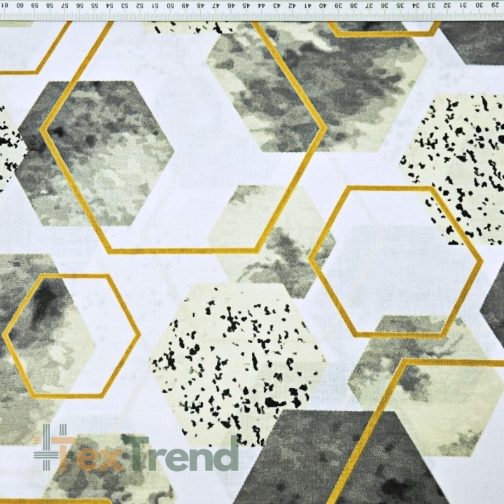 Baumwolle 100% geometrische Rauten beige-gold auf weißem Hintergrund  