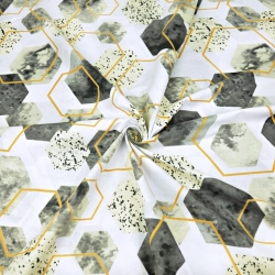 Baumwolle 100% geometrische Rauten beige-gold auf weißem Hintergrund  