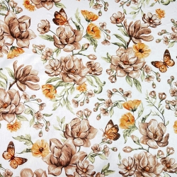 Baumwolle 100% braun-orange Blumen auf weißem Hintergrund  