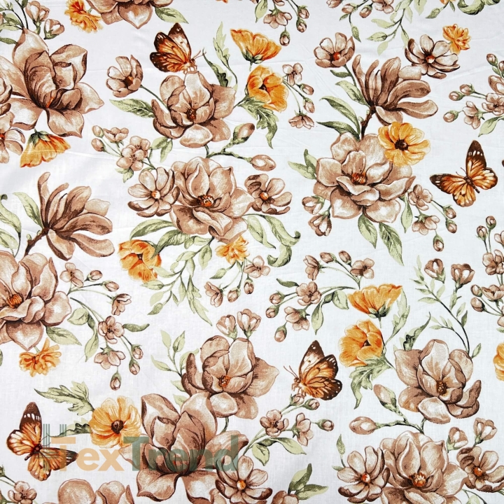 Baumwolle 100% braun-orange Blumen auf weißem Hintergrund  