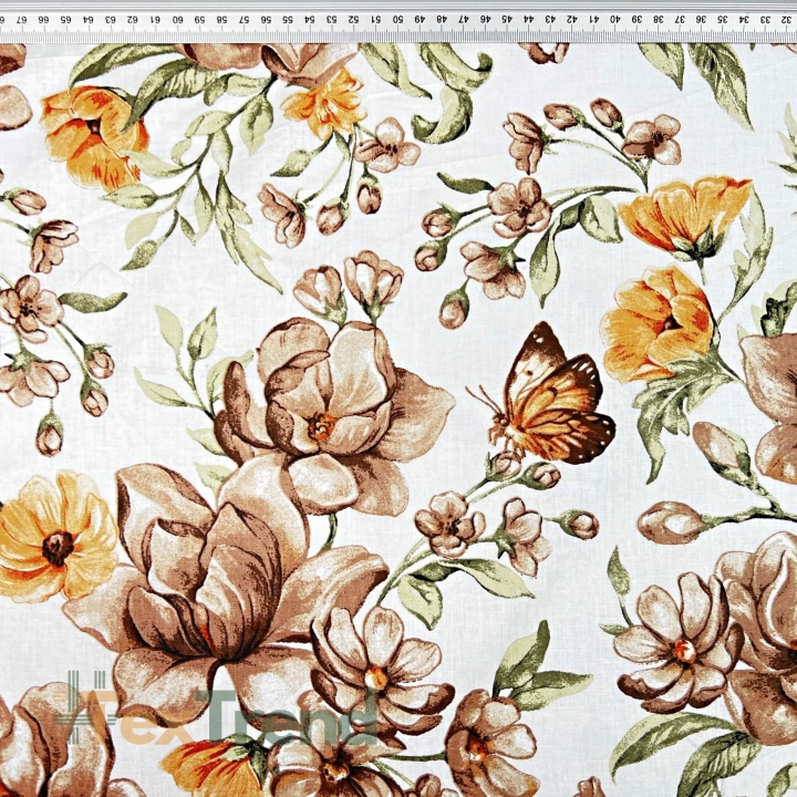 Baumwolle 100% braun-orange Blumen auf weißem Hintergrund  