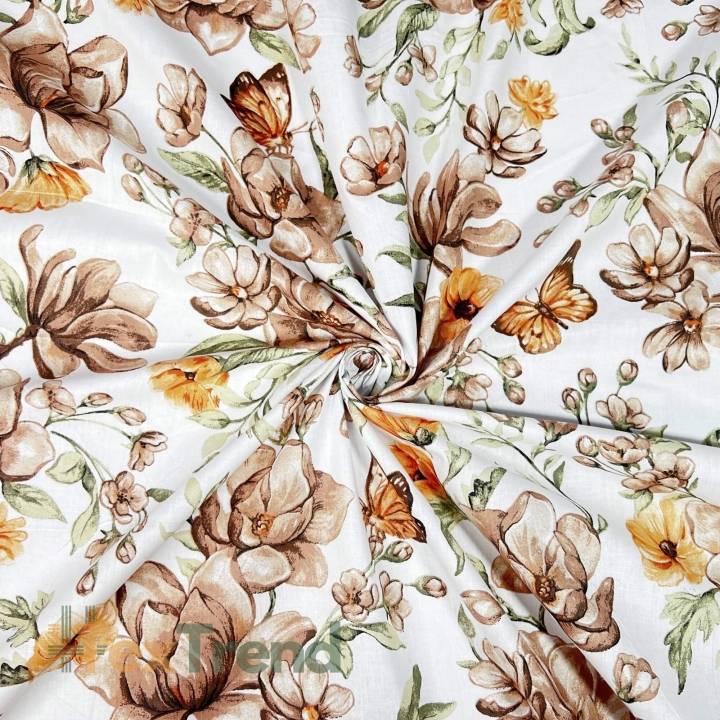 Baumwolle 100% braun-orange Blumen auf weißem Hintergrund  