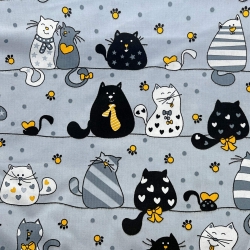 100% Baumwolle verrückte Katzen in Streifen mit Gelb auf grauem Hintergrund - FEHLER  