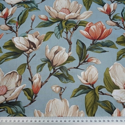 Baumwolle 100% Magnolienblumen beige auf blau-grauem Hintergrund  