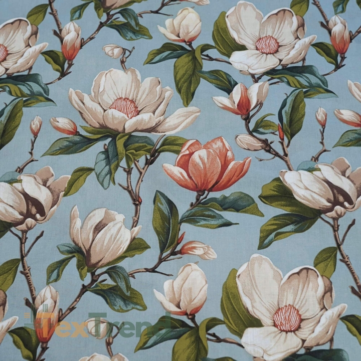 Baumwolle 100% Magnolienblumen beige auf blau-grauem Hintergrund  