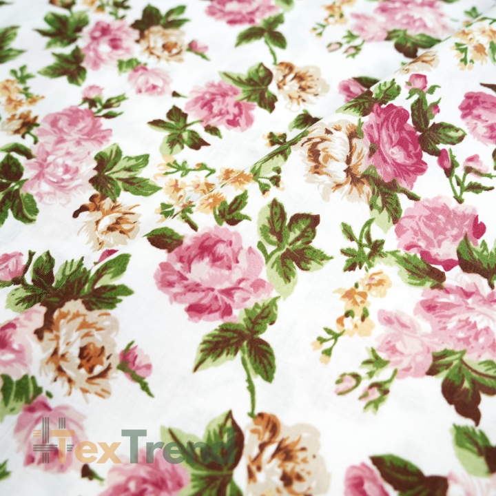 Baumwolle 100% rosa-beige Rosenblüten auf weißem Hintergrund - 220 cm  