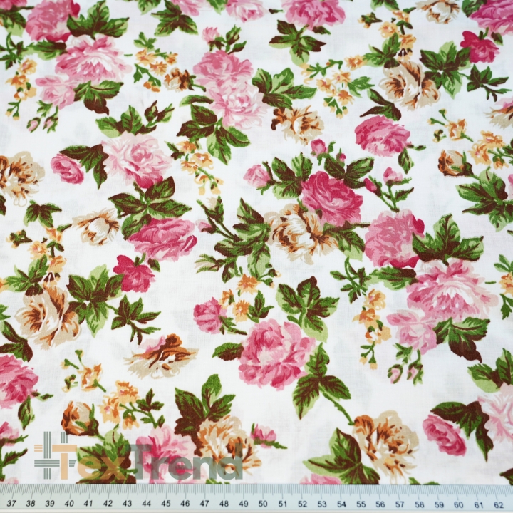 Baumwolle 100% rosa-beige Rosenblüten auf weißem Hintergrund - 220 cm  
