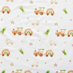 100% Baumwolle Züge und Holzspielzeug auf weißem Hintergrund  