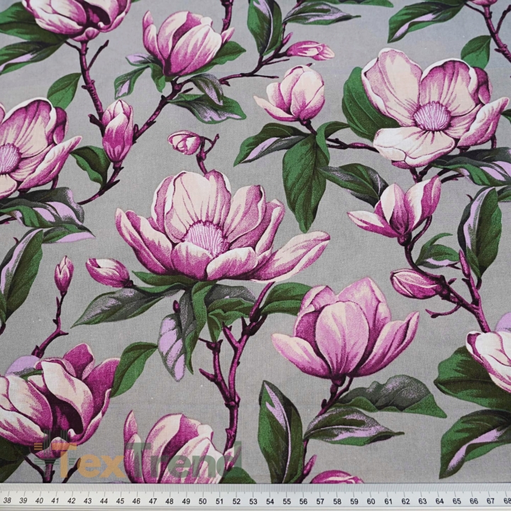 Baumwolle 100% Magnolienblumen rosa auf grauem Hintergrund  