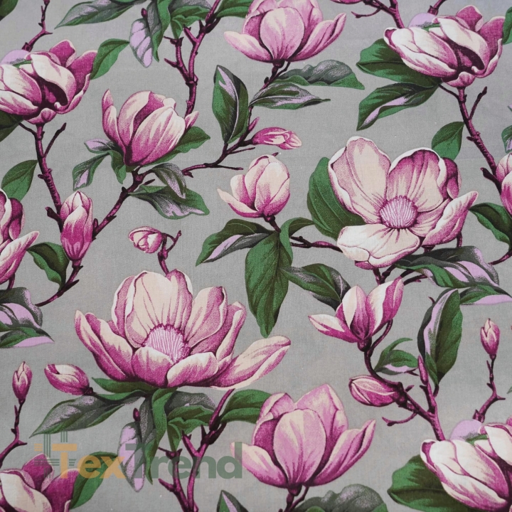 Baumwolle 100% Magnolienblumen rosa auf grauem Hintergrund  