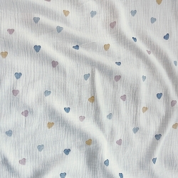 Doppel-Gaze Musselin bedruckt mit Herzen in dunkelblau und senfgelb  