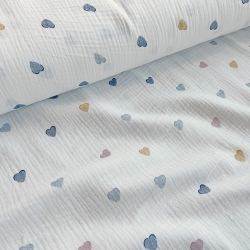 Doppel-Gaze Musselin bedruckt mit Herzen in dunkelblau und senfgelb  