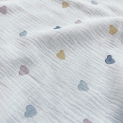 Doppel-Gaze Musselin bedruckt mit Herzen in dunkelblau und senfgelb  